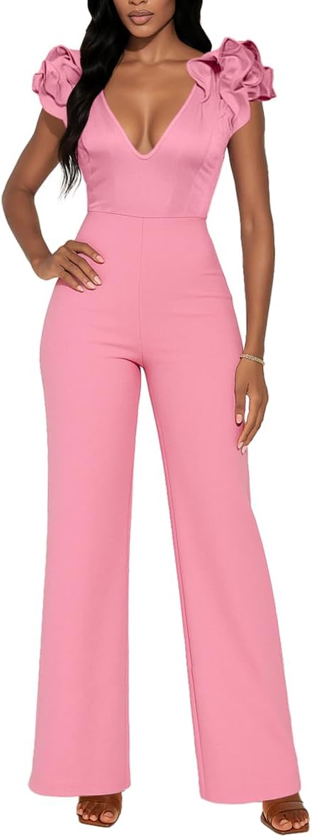 HWP Jumpsuits for Women Dressy V-Neck Sleeveless Ruffle Sexy Romper Wide Leg Pant Party Clubwear Outfits