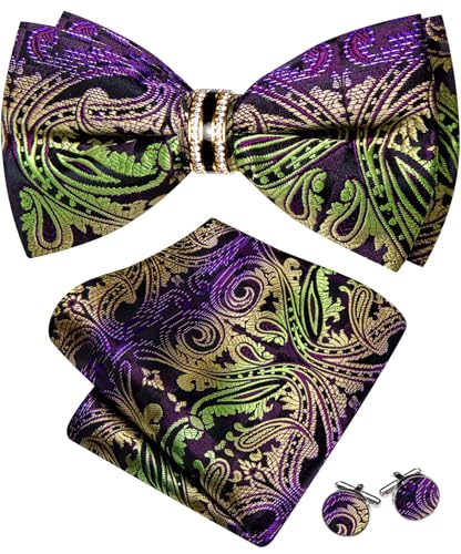 Image of YOHOWA Mens Bow Tie Set Paisley Pre-tied Bowties Adjustable with Handkerchief Cufflinks Gold Ring Set Wedding Prom Party