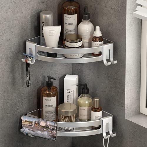 Voldra Estanteria Ducha Esquinera Sin Taladro, 2 Piezas Estanteria Organizador BañO Sin Taladro con Barra de Toalla y Ganchos Adhesivo Estante Ducha Esquinera BañO Pared Corner Shower Shelf(Plateado)