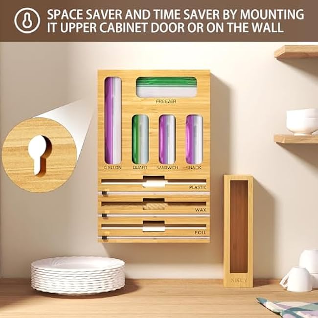 9 IN 1 Bamboo Foil and Plastic Wrap Organizer for Kitchen Drawer, Plastic Bag Organizer Organization and Storage, Food Storage Bag Organizer with Labels for Quart Gallon Snack Sandwich Bag