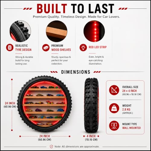 Image of Wall Mounted Tire Display Shelf with LED Lights for Kids Room | Wooden Circular Tyre Rack, Die-Cast Cars, Toy Car Organizer Storage, Handmade Tire Shape Floating Shelf