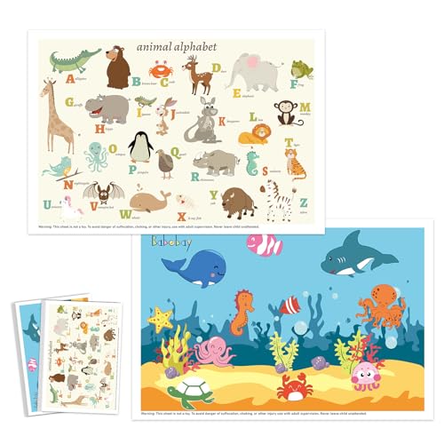 Image of Babebay Disposable Placemats for Baby, 60 Pack Sticky Toddler Placemat for Restaurants, Dining Table, Party, Travel, 12" x 18" with 2 Designs