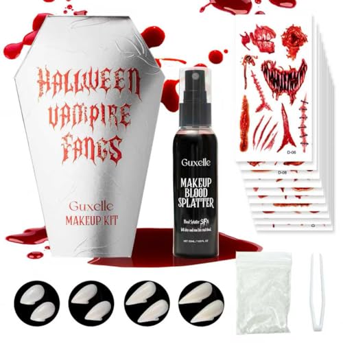Guxelle SFX Makeup 4Pairs Vampire Fangs Fake Blood Spray Temporary Scar Tattoos Stickers Zombie Cosplay Halloween Face Body Paint.