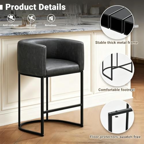 Image of 26 inch H Counter Height Bar Stools Set of 3, Modern Barrel Counter Stools with Backrest and Arms, Faux Leather Upholstered Accent Barstools for Kitchen Island,Support 450 LBS (Black)