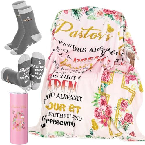 HunnmingRe 3 Pcs Pastor Wife Appreciation Gifts for Women Throw Blanket 20 oz Tumbler with Lids and Straw Socks Plush Warm Basket for Birthday Present from Husband