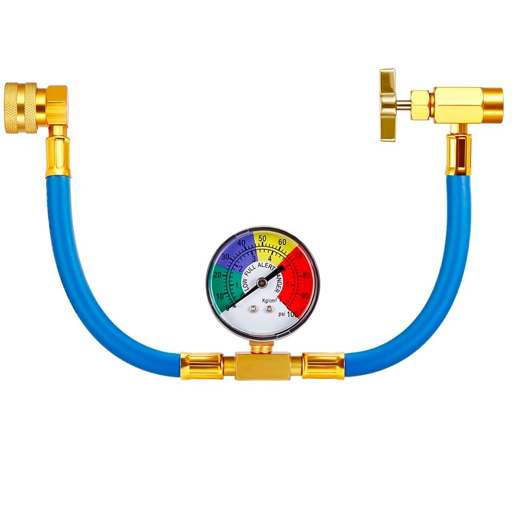 Genérico Gas Aire Acondicionado para Coche. 1 Botella Gas Refrigerante Freeze Organico +12a de 420Gr Sustituto R134a / R12 + Manguera de Carga con manómetro Control de Carga.