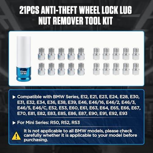 Image of 21Pcs Wheel Lock Removal Kit, BMW Wheel Lock Key Set with 1 /2 inch Socket Adapter, BMW Lug Nut Key, Anti-Theft Screw Remover for Removing and Locking