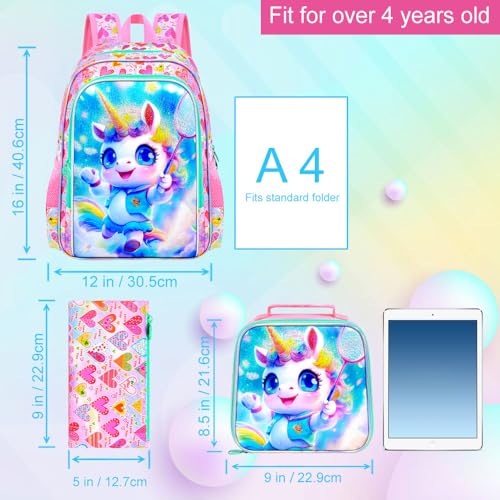 Image of 16 inch Unicorn Backpack, 3Pcs Girls School Bookbag Set with Lunch Box,Kids Backpacks for Elementary Preschool Kindergarten (Pink)
