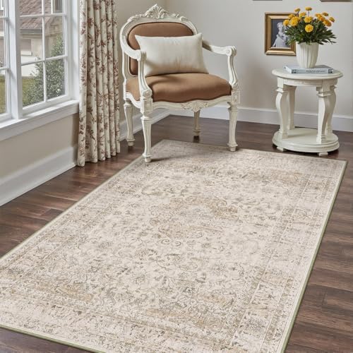 3x5 Washable Beige Vintage Area Rug for Entryway Non-Slip Low Pile Traditional Carpet Retro Distressed Soft Thin Door Mat Small Accent Throw Rug for Office Kitchen Bathroom Indoor Dorm