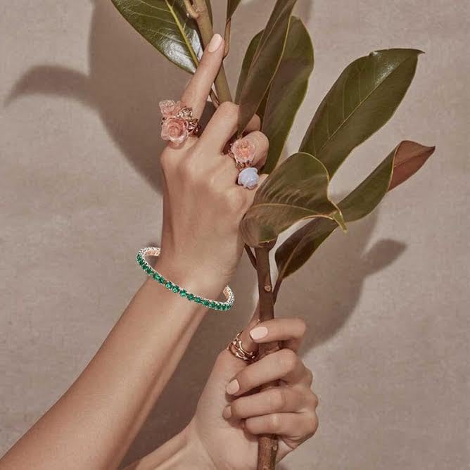 18k Rose Gold Plated Round Adjustable Tennis Bracelet, 7 Cttw Emerald Birthstone Jewelry, Gift for Women – Paris Jewelry® - Image 2