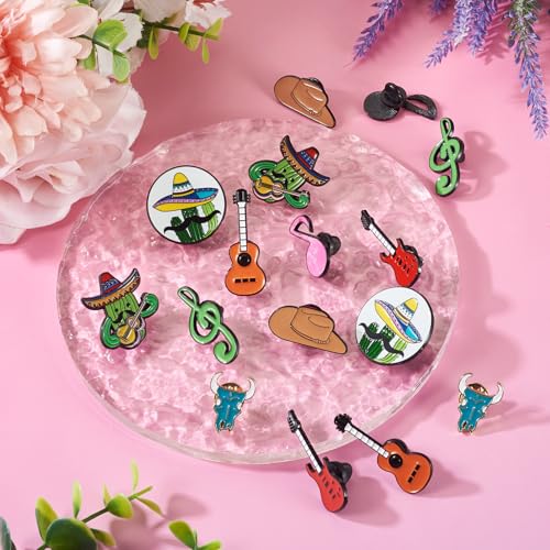 Image of Cheriswelry 16Pcs Enamel Backpack Pins Set Western Cowboy Music Theme Enamel Lapel Pins Brooch Button Pin 14.5-41mm for Clothes Jacket Hat Bag Decoration