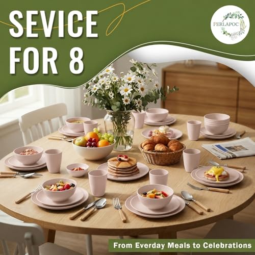 Image of Wheat Straw Dinnerware Sets for 8, 40 Piece Unbreakable Dinnerware Set, Plates and Bowls Sets, Kitchen Plates and Bowls Set, Lightweight Dish Set for Travel Camping Party Outdoor Use - Muted Pink