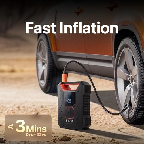 Image of TUSA Storm Pro 10X Fastest Tyre Inflator, Inflates Tyre in 2.5 Minutes (0-33 PSI), 2 in 1 Corded & Cordless Portable Air Compressor with 150 PSI Digital Display for Cars, Bikes (1 Year Warranty)