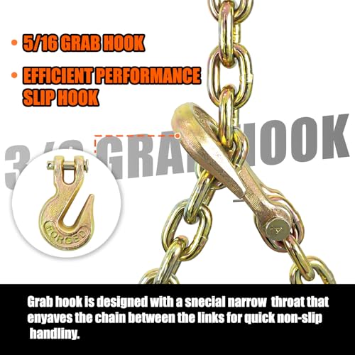 Image of TKK G80 Transport Binder Chain, 5 /16 Inch x 15 Foot Logging Chain with Grab and Sling Hooks 7,100 lbs Safe Working Load Heavy Duty Chain for Transporting Towing Tie Down Binding Equipment