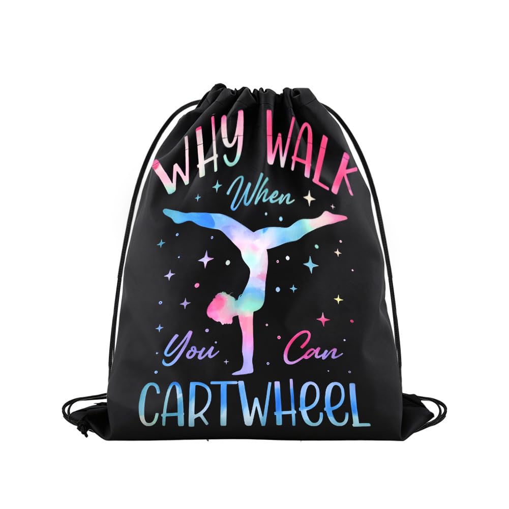 Sparkling Gymnastic Drawstring Gym Bag for Women Girls Funny Why Walk When You Can Cartwheel Cinch String Backpack Gymnastics Gifts for Girls Gymnastics Lover Birthday Gifts for Daughter Girlfriend