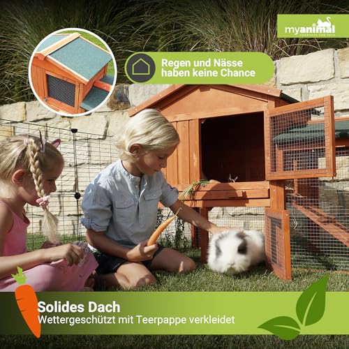 Miweba MyAnimal Hasenstall MH-03 | Kaninchenstall mit Freilaufgehege - Hasenkäfig - Kleintierkäfig - Holz imprägniert - Kaninchenkäfig Winterfest - Kleintiergehege - Käfig - Hasenhaus (Braun)