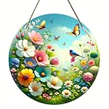 Flowers Front Door Sign Hanging Sign Farmhouse Wooden Wreath Door Hanger for Home Outdoor Indoor Front Door Decor (Flower Butterfly)