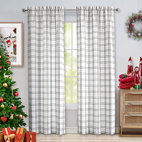 Amzdecor Plaid Window Treatment Set,Light Filtering Curtain Woven Lines Pattern Drapes For Living Room And Bedroom, Semi Sheer Rod Pocket Modern Farmhouse Style 2 Panels 40"X63",Black&White. #TOP6