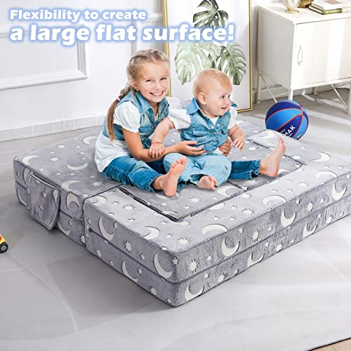 Kids Couch, Glow In The Dark Modular Kids Explore Sofa For Toddler 3 In 1 Fold Out Kids Toddler Sofa, Convertible Plush Toddler Couch With Washable And Durable Covers #TOP3