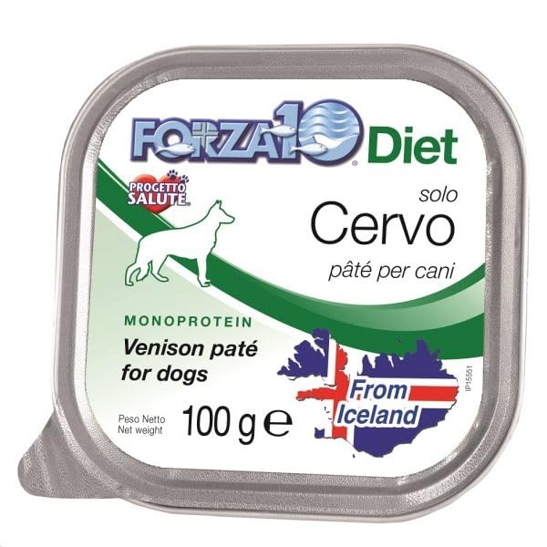 Forza 10 Umido Cane MONO gusto CERVO, alimento completo monoproteico per cani adulti di tutte le taglie e razze, alta digeribilità | 12 scatolette da 100 grammi l’una.