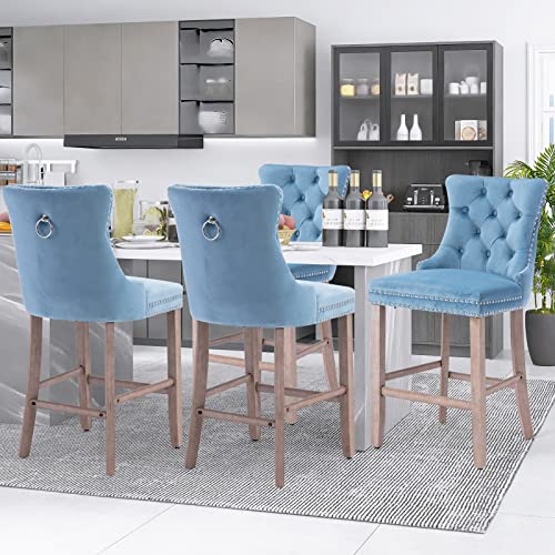 SoarFlash Modern Velvet Upholstered Bar Stools Set of 4 with Wood Legs, Button Tufted,Chrome Nailhead, Counterstool Seat, Armless Bar Chairs (Sky-Blue)