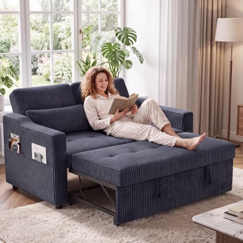 Image of 51.6 inch 3-in-1 Convertible Sleeper Sofa Bed, Pull Out Loveseat Couch with 5-Position Adjustable Backrest, USB & Type-C Ports, Side Storage Pockets, Corduroy Sofa Bed for Small Spaces