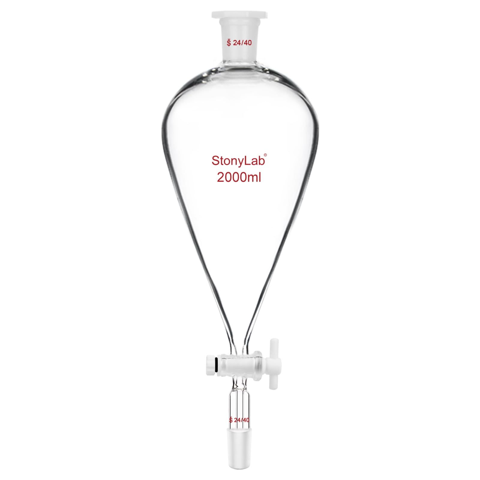 stonylab Separador Embudo con PTFE Llave de Paso, 2000 ml Cónico Forma de Pera Pared Pesada Vidrio Borosilicato Separador Embudo con 24/40 Juntas