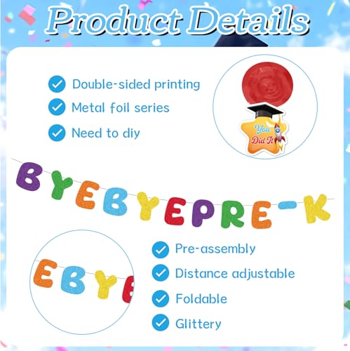 Image of Preschool Graduation Decorations, 11PCS Bye Bye Pre-K Graduation Banners Hanging Swirls Party Decor, Colorful Next Stop Kindergarten Congrats Grad Party Supplies
