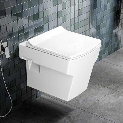 Image of LAPO P Trap Wall Hung Toilet, Ceramic Rimless Commode, Wall Hung Western Toilet With Soft Closing Toilet Seat (White, 19X14X13 Inch)-VOT