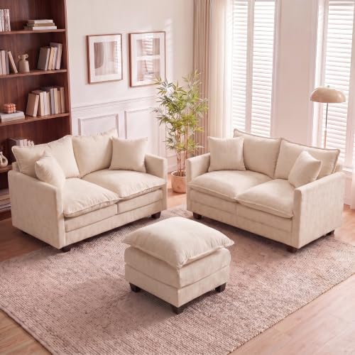 Image of 50'' Loveseat Sofa Set with Ottoman, Small Couch Set 2 Piece Cloud Love Seat 27 inch Deep Seat Washable Pillows Couches for Small Spaces Apartment Living Room, Beige