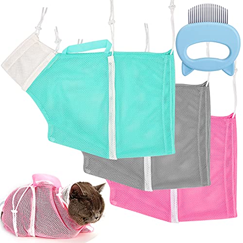 Image of 3 Pieces Cat Bathing Bag Cat Shower Net Bag with Cat Shell Comb, Anti-Bite Anti-Scratch Adjustable Breathable Mesh Grooming Carrier Bag for Pets, Bathing, Nail Trimming, Feeding Medicine, Ear Clean
