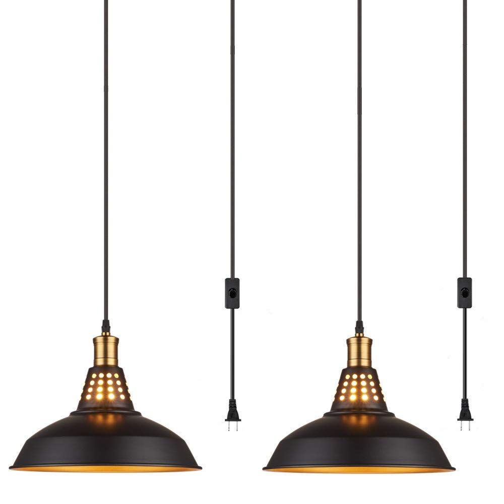 Amabao Lighting, Black Finish Metal Industrial Plug in Ceiling Pendant Light with On / Off Switch, Bulb Not Included (2-Pack)