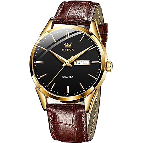 Business Leather Men Watches-OLEVS Analog Quartz Male Dress Week Date Classic Luminous Black Dial Brown Leather Strap 3ATM Waterproof Wrist Watch Lovers