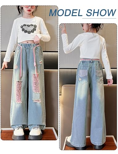 AUBIG Kids Girl's Casual Jeans High Elastic Waist Cool Ripped Jeans Straight Leg Distressed Denim Pants with Pocket2