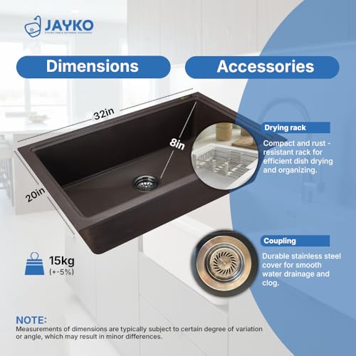 Image of JAYKO Quartz Acrylic Kitchen Sink for Modular Kitchen | Granite Finish, Scratch & Heat Resistant | Easy to Clean & Stylish Sink for Home (CO, 32x20in)
