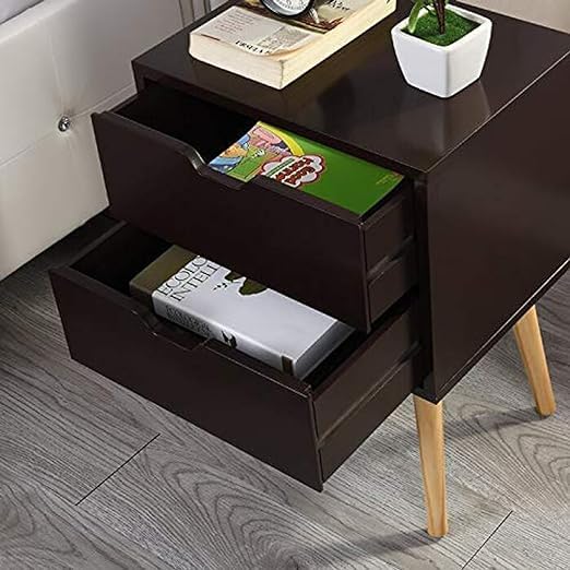 Image of Organizing Nightstand Solid Wood Legs Mid-Century Modern Bedside Table Practical and Simplistic End Side Table with Two Drawers (Black)