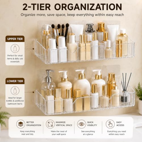 Image of Bathroom Organiser Shelf Suction Use Installation Transparent Pack of 2pcs