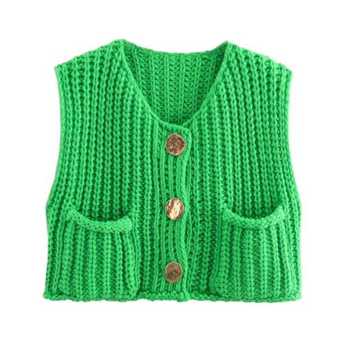 Image of UAURORAO Women Chunky Sweater Vest Button Down Crochet Cable Knit Cardigan Sleeveless Open Front Knitted Crop Waistcoat