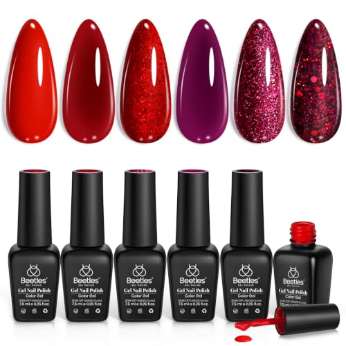 Beetles Red Gel Polish Set, 6 Colors Burgundy Wine Glitter Purple Gel Nail