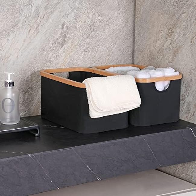efluky Storage Baskets for Organizing, Fabric Storage Bins with Bamboo Handles, Collapsible Storage Baskets for Shelves and Closet, Black Set of 2