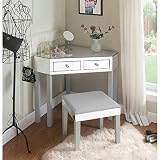Inspired Home Grey Mirrored Vanity Set - Design: Amaris | 2 Drawers | 2 Piece Set | Corner Table wit