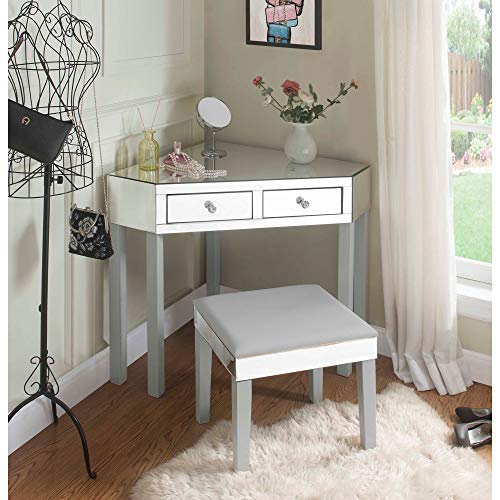 Inspired Home Grey Mirrored Vanity Set - Design: Amaris | 2 Drawers | 2 Piece Set | Corner Table With Stool #TOP23