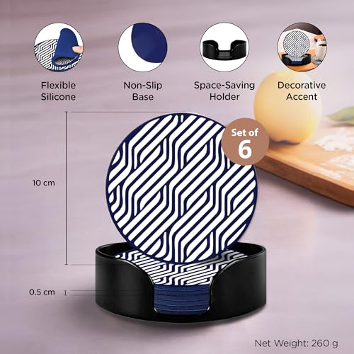 Image of The Better Home Coasters Set of 6 | Dining Table Decor Accessories | Silicone Drink Coaster Set | Attractive Design | Includes Holder | Home & Office | Multiple Colors