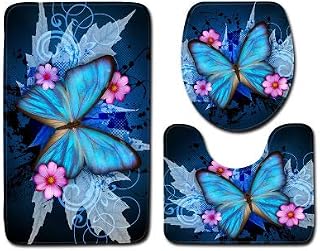 Bath Mat Sets,Butterfly Bathroom Toilet Floor Mat Door Mat Bathroom Carpet Toilet Rug 3 Pcs Butterfly Bath Mats Anti Slip Bathroom Mat Set Washable