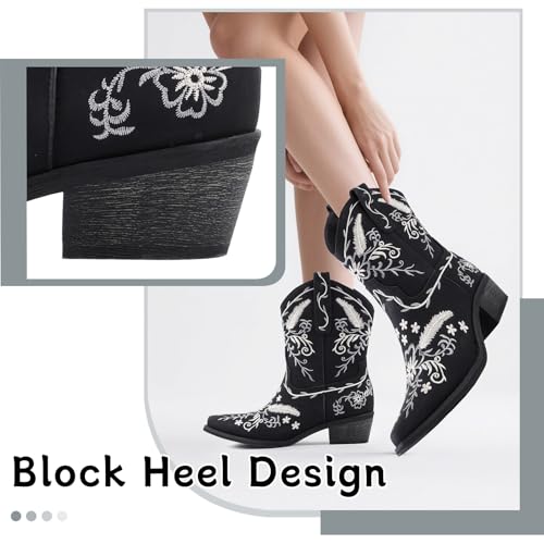 LingxiaUne Women's Western Cowboy Boots - Intricate White Embroidery Mid - Heel Boots4