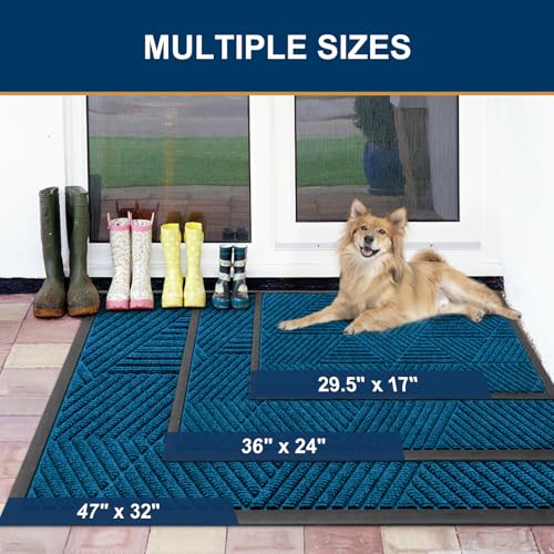 Image of Smiry Front Door Mat Outside Entrance, Heavy Duty Sturdy Natural Rubber Doormat, Trap Dirt and Moisture, Easy Clean Low Profile Welcome Floor Mats for Indoor Outdoor Entry, 35X23 Inch, Mixed Blue