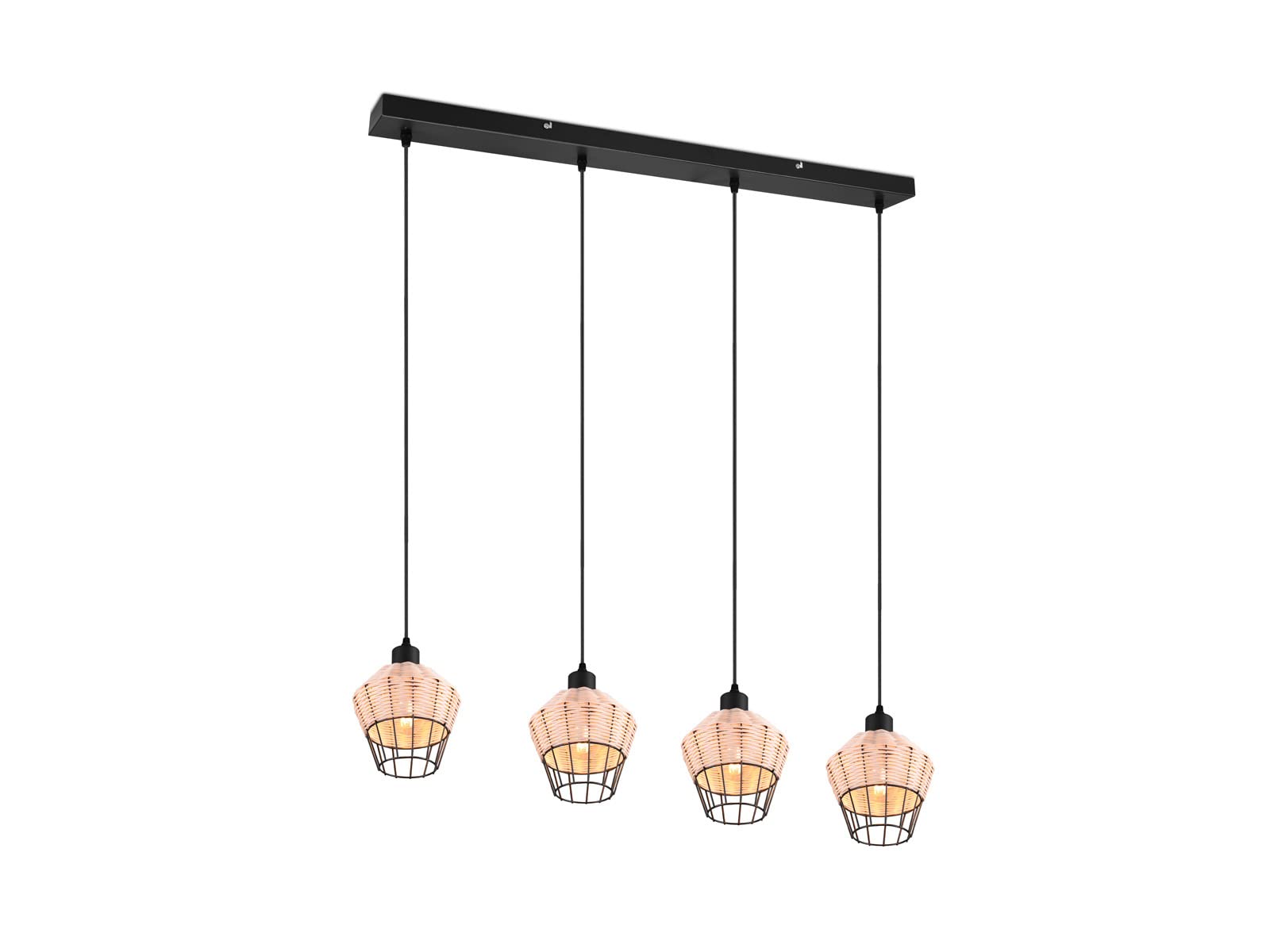 Lampa wisząca LED, czarna, rattanowa, naturalna, 4 źródła światła