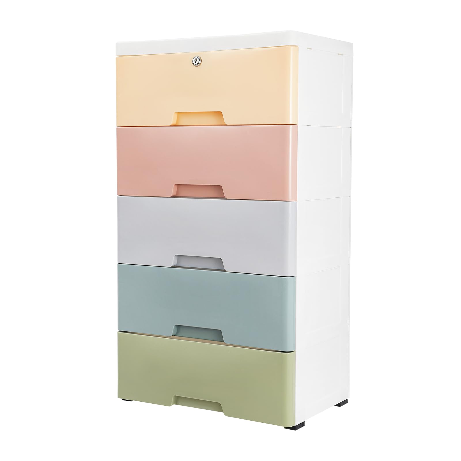 ILWorkTLs 5 Drawer Storage Cabinet with Wheel and Lock,Plastic Drawers Dresser,5 Tier Storage Cabinet for Living Room,Bedroom,Kitchen,Macaron Color