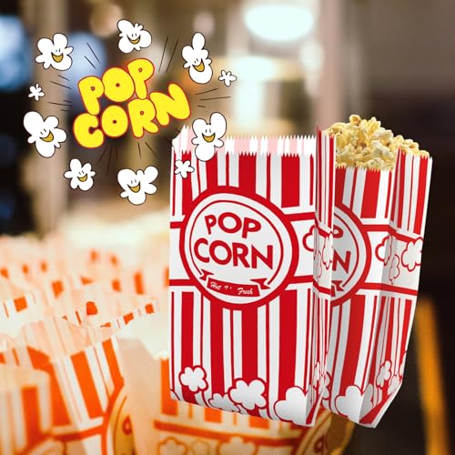 Image of Popcorn Bags, 100 Pcs Paper Popcorn Container Red and White Concession Stand Popcorn Holder Movie Theme Party Supplies