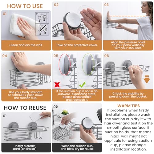 Image of LEVERLOC Shower Caddy Suction Cup, 2 Pack Shelves for Inside with Hooks | Grey Shower Storage, Soap Holder, Shampoo Holder, NO Drill Shower Holder, Rustproof Meatl Bathroom Basket